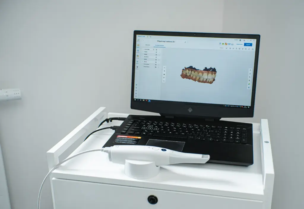 An intraoral scanner and a 3D scan of the teeth on a laptop at OneDent